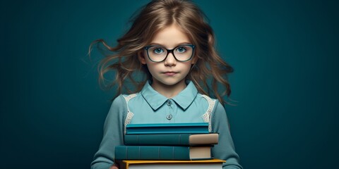 A student girl wearing glasses holding books