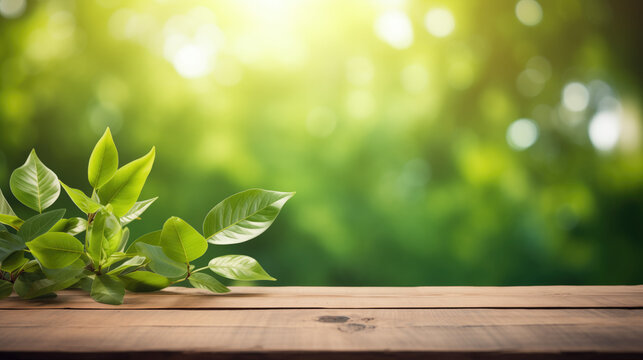 Wooden table with blurred spring background