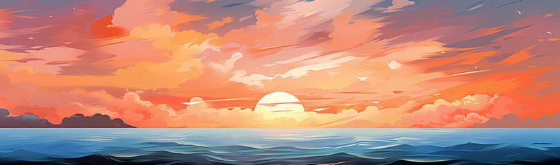 Fototapeta na wymiar a header painting of a sunset horizon over the sea