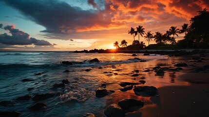 A coastal paradise at sunrise, featuring palm trees, a sandy beach, and the sky ablaze with the colors of the waking sun, setting the stage for a new day