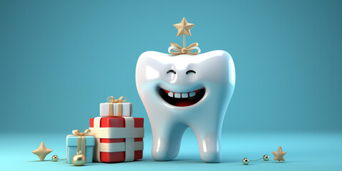 Christmas dental banner with happy tooth and place for text over pastel blue background . Generative AI. - obrazy, fototapety, plakaty