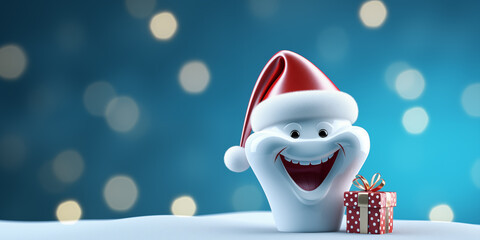 Christmas dental banner with happy tooth and place for text over pastel blue background . Generative AI.