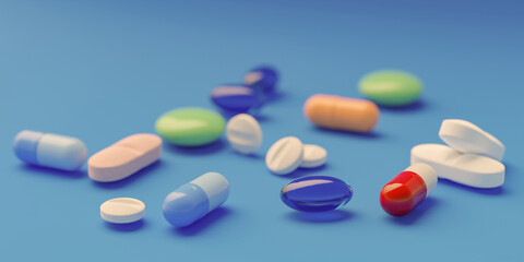 Heap of assorted colorful pills, tablets and capsules on blue background. 3D illustration about pharmaceutical industry concept.
