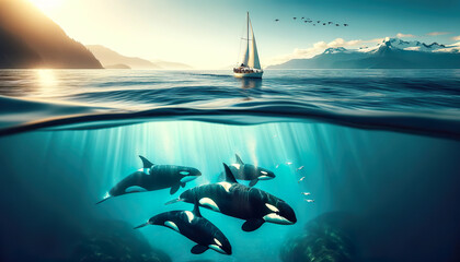 A pod of killer whales swim beneath ocean waves with a sailing boat in the background - obrazy, fototapety, plakaty