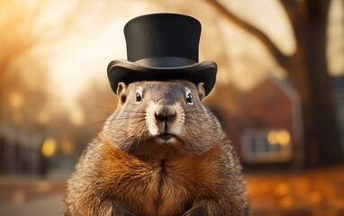 Celebrating Groundhog Day A Groundhog in Top Hat - obrazy, fototapety, plakaty