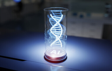 AI in biomedical applications conceptual image. Human DNA glowing strand in a glass jar. Clinical and genomics diagnostics development.