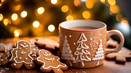 A cup of hot chocolate with gingerbread on the christmas lights bokeh background. Winter holidays concept.