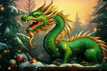 A fabulous green wooden dragon. A cute cartoon dragon is sitting next to Christmas tree with gifts. New Year's 2024 card