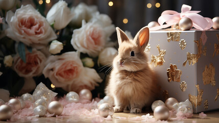 Easter composition with bunny, flowers, gift box. Blurred background, White and gold colors....