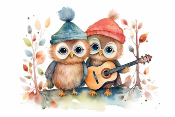 watercolor cartoon illustration of cute two owls couple playing guitar in autumn or winter forest, Generative Ai - obrazy, fototapety, plakaty