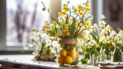 yellow spring bouquet with decorative lemons in the vase, springtime