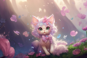 petit chat angora blanc kawaï dans le style fairy kei, mignon, vaporeux avec des couleurs pastel principalement roses. - obrazy, fototapety, plakaty