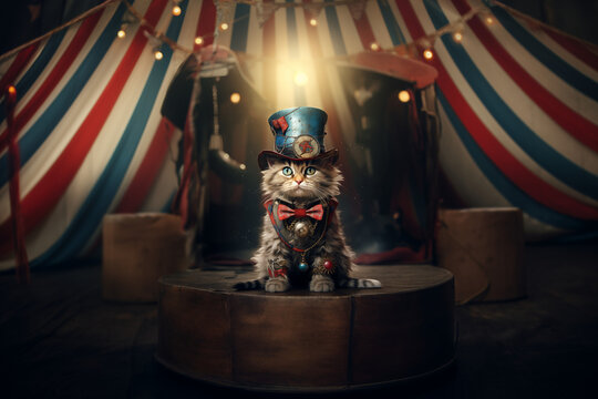 piste de cirque avec un chat déguisé en clown chapeau claque bleu à cocarde, nœud papillon sur un podium. Animal de cirque sous le chapiteau 