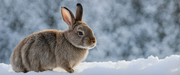 A fat gray-brown rabbit is sitting on the snow. snowy midwinter landscape.
