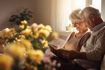 Concept of love language. Back side view, Close up at elder couple's hand embrace around shoulder and read a book on the sofa. Love on cozy sunny warm vibe living room background