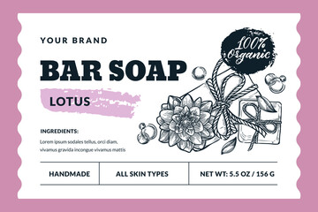 Hand made lotus soap bar package label or sticker design. Vector hand drawn sketch illustration. Badge or banner layout - obrazy, fototapety, plakaty