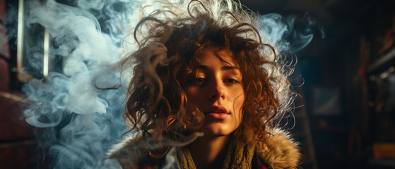 Junge Frau im Nebel des Zigarettenrauchs - obrazy, fototapety, plakaty