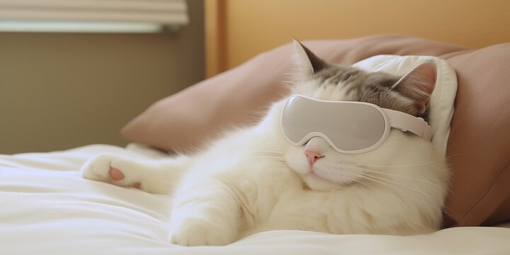 Adorable cat lounges with relaxation mask, epitomizing the ultimate comfort and leisure , concept of Serenity