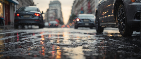 Panoramic background view of a flooded street, car tires and water splashes on wet asphalt in the...