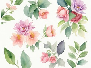 hand drawn watercolor flowers and leaves