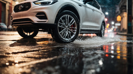The car goes through puddles after the rain. Closeup of car tires and water splash on wet asphalt in the rain. extreme driving - obrazy, fototapety, plakaty