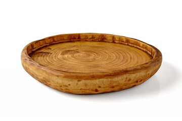 Hand-carved uneven wooden plate isolated on white background. Rustic kitchen utensils