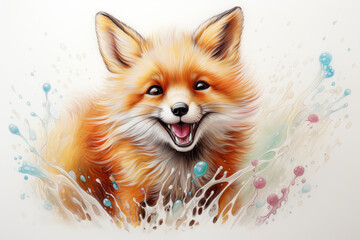 Cute fox drawn with colored pencils on a white background.