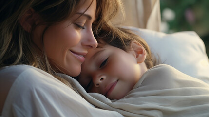 Mutter und Sohn in inniger Umarmung, symbolisierend die tiefe Verbindung und Liebe zwischen Mutter und Kind. Ein Ausdruck von Mutterliebe und dem Konzept des Muttertags