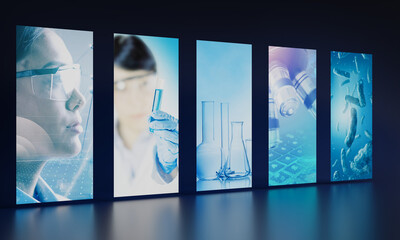 Science research LCD screen panels. Chemistry and microbiology idea for exhibiting space of medical convention. - 688674307