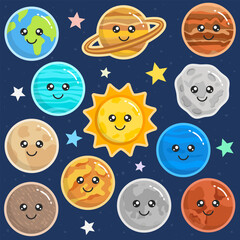 Cute galaxy, space, solar system elements. Kawaii moon, sun and planets vector illustration for kids. Isolated on star background.