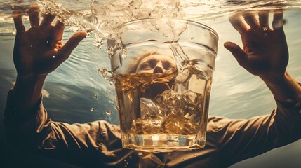 A distressed man grappling with alcohol addiction, his expression fraught with despair, clutches a glass of liquor, symbolizing the struggle and pain of dependency.