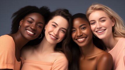 Fototapeta premium Happy, beautiful, diverse, and inclusive women who take pride in their varied skin tones and backgrounds in the studio. Multicultural models for empowerment, skincare, and glow.
