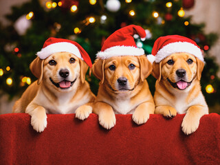 Cute labrador puppies in a Christmas hat
