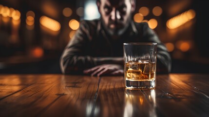 A distressed man grappling with alcohol addiction, his expression fraught with despair, clutches a glass of liquor, symbolizing the struggle and pain of dependency. - obrazy, fototapety, plakaty