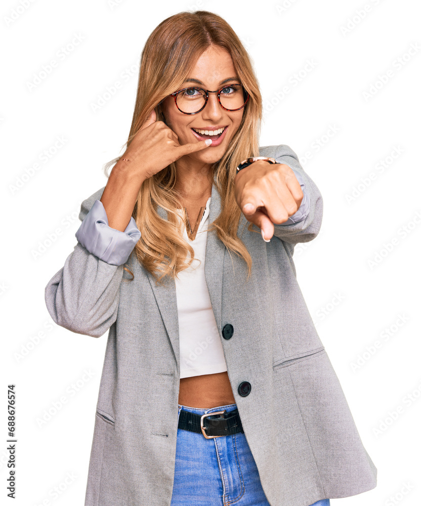 Poster beautiful blonde young woman wearing business clothes smiling doing talking on the telephone gesture