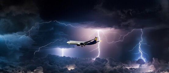 passenger plane in a zone of turbulence, clouds and thunderstorms with lightning during flight, dangerous flight on an airplane. - obrazy, fototapety, plakaty