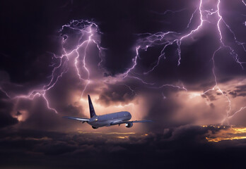 passenger plane in a zone of turbulence, clouds and thunderstorms with lightning during flight, dangerous flight on an airplane. - obrazy, fototapety, plakaty