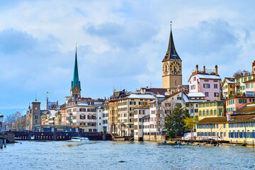 Lindenhof medieval houses and towers from Limmat River, Zurich, Switzerland