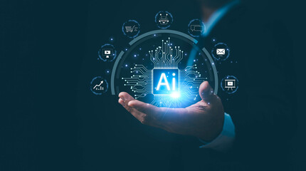 Ai technology concept, Chatbot Chat with AI, artificial intelligence, man using technology smart robot AI, futuristic technology transformation, business on cloud computing online information.