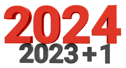 New year concept. Numbers 2023 plus 1 and 2024 isolated on transparent png background