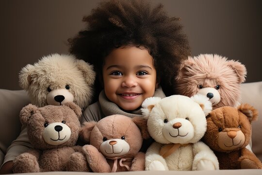 Children are captured in a moment of pure joy as they hug soft or stuffed toys. The image radiates innocence and delight, making it an ideal choice for a toy shop commercial.