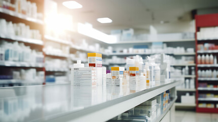 Blurred background of a pharmacy store. Pharmacist and medicine concept
