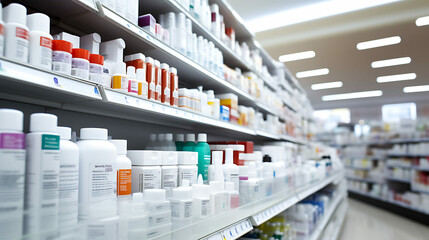 Blurred background of a pharmacy store. Pharmacist and medicine concept - obrazy, fototapety, plakaty