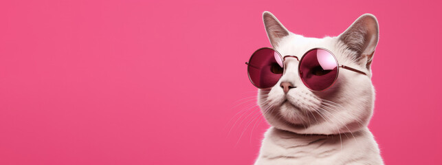 Profile portrait of a stylish cat in sunglasses on a pink background. Advertising banner concept for a pet store or veterinary clinic. - obrazy, fototapety, plakaty