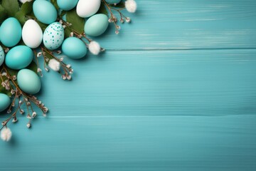 Easter frame border greeting card, light blue teal colored eggs and white spring flowers, copy space for text.