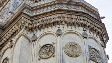 Close-up view of the beautiful architecture of the Curtea de Arges Cathedral, in Romania.