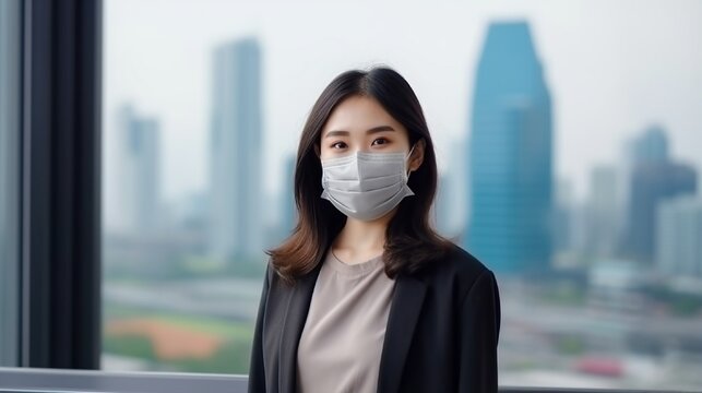 Beautiful Young Adult Asian Woman In Business Attire Wearing Or Taking Off A Face Mask. City Shatter People's Way Of Life With The Idea Of Public Health Every Day.