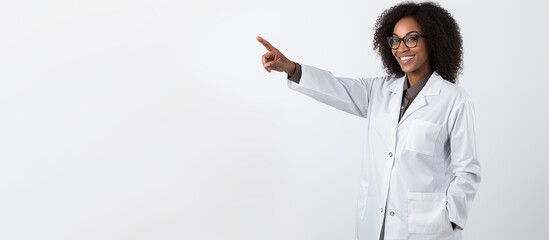 African American female doctor points her finger to the side. Free space for product placement or advertising text. - obrazy, fototapety, plakaty