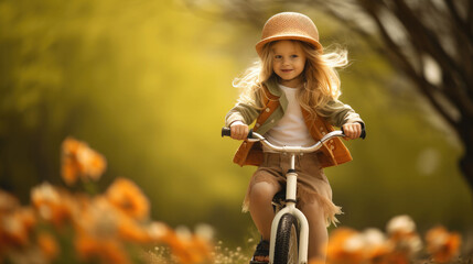 Front view of a girl riding a bicycle in a sunny park. - obrazy, fototapety, plakaty