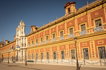 Fototapeta na wymiar Palacio de San Telmo in Seville Spain on sunny summer day. Historic building constructed for Universidad de Mareantes where children learn to be sailors now office of Andalusian Autonomous Government